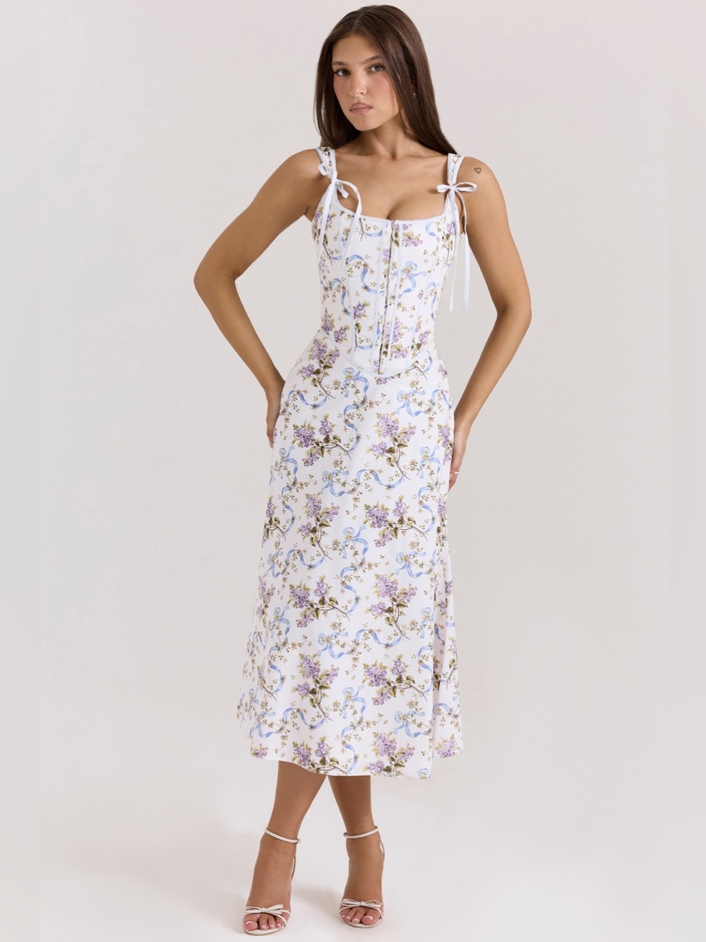 House of CB Dionne Off White Floral Print Cotton Midi Dress B2607